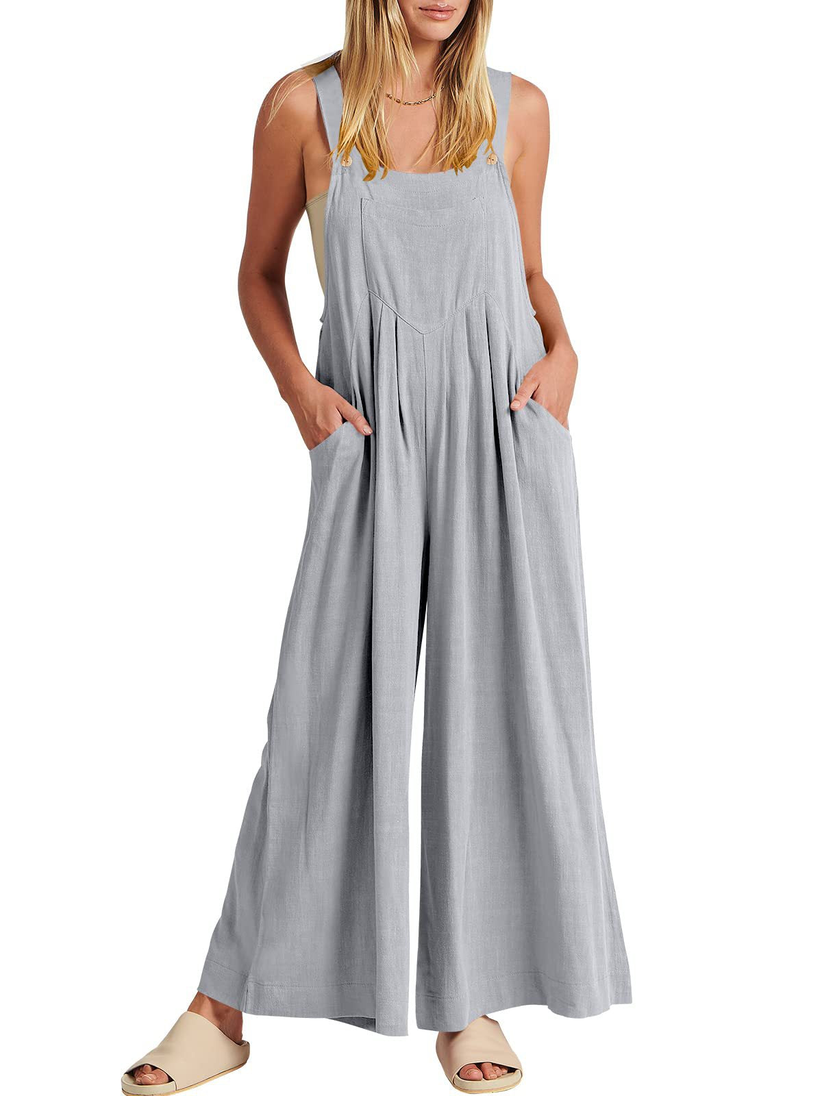 Women's Sleeveless Wide Leg Jumpsuit with Pockets