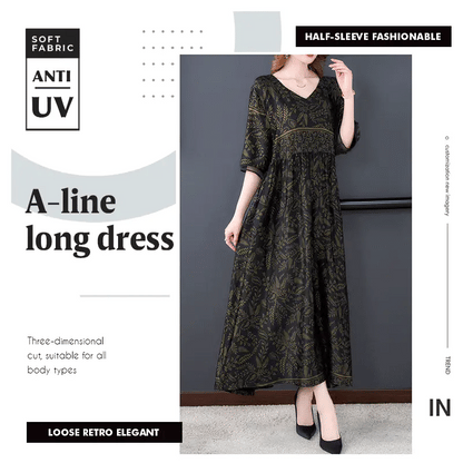 Half-sleeve fashionable loose retro elegant A-line long dress