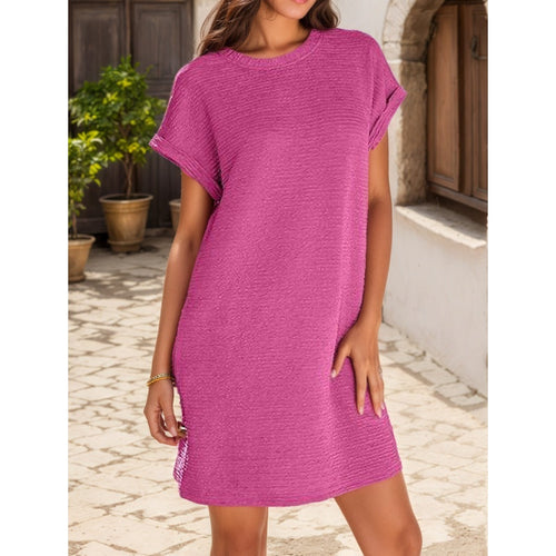 Women's Loose Roll Sleeve Pocket Solid Color Dresses