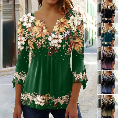 Women Elegant Floral Print V-Neck Top